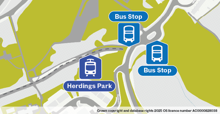 Map of replacement bus stop at Herdings Park