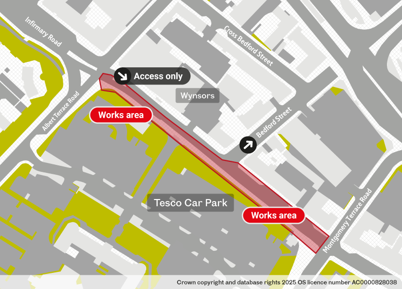 Map showing phase 1 work site on Infirmary Road