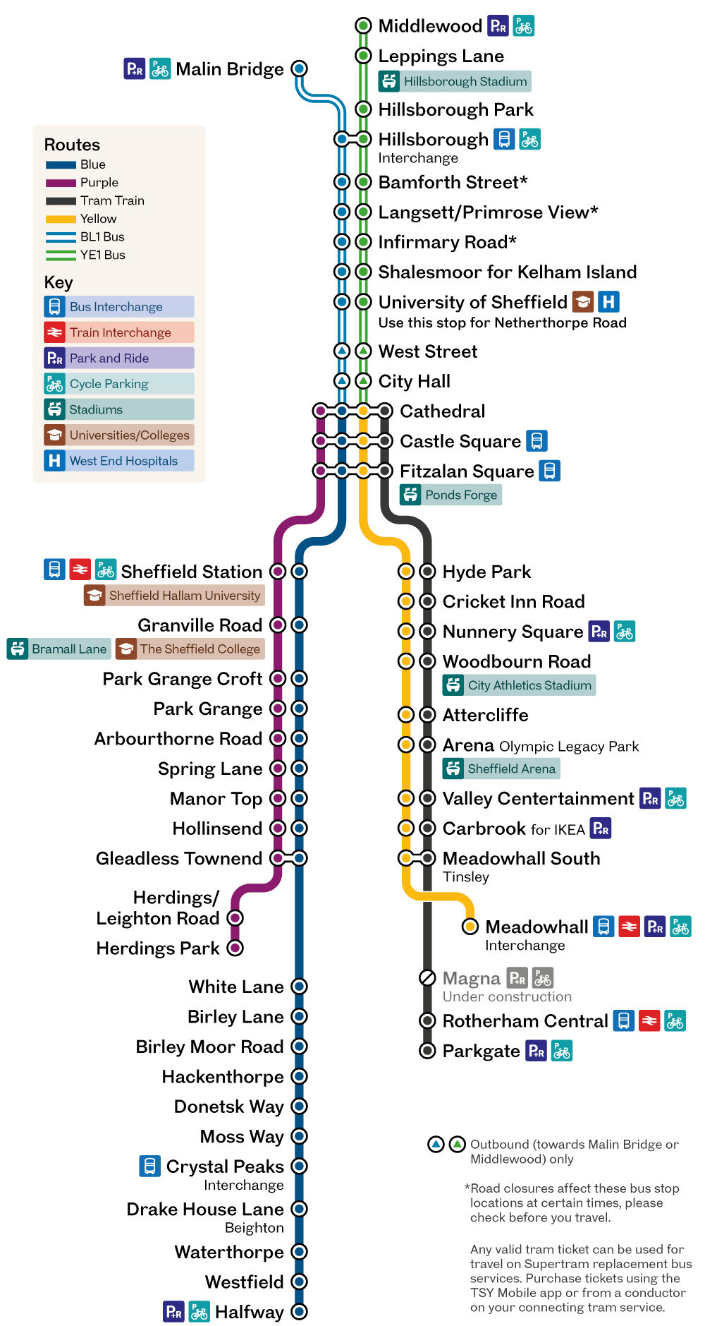 Supertram network map for Saturday 24 to Friday 30 May showing affected routes as detailed