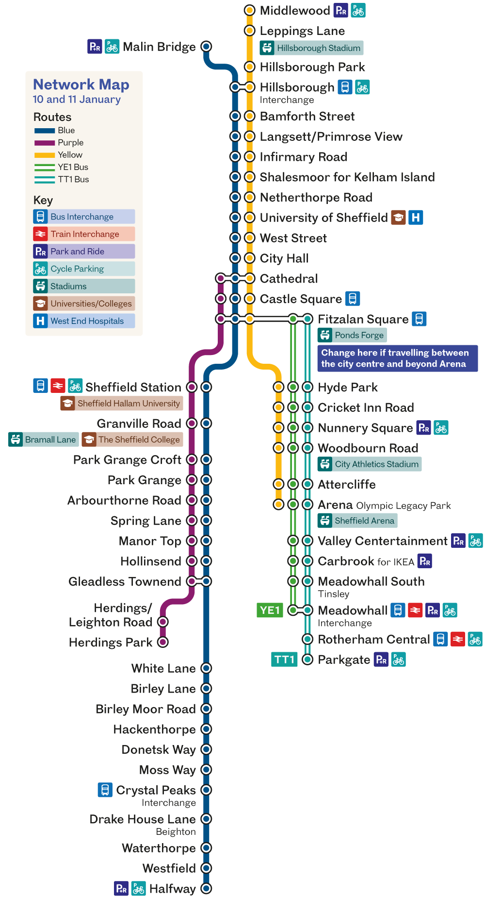 Supertram network map showing replacement bus operating between Fitzalan Square and Meadowhall Interchange and Parkgate