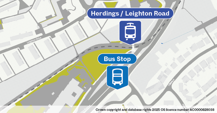 Map of replacement bus stop at : Norton Avenue / Bowman Drive