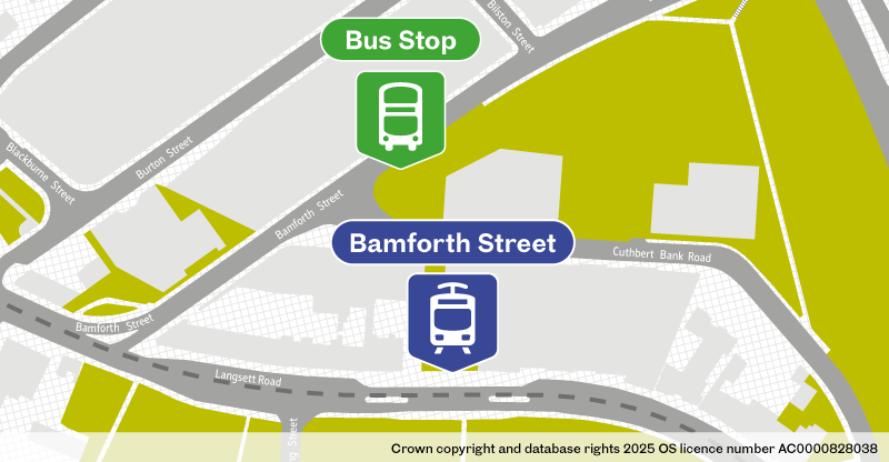 Map of replacement bus stop at Bamforth Street