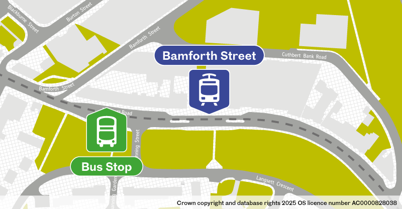 Map of replacement bus stop at Bamforth Street