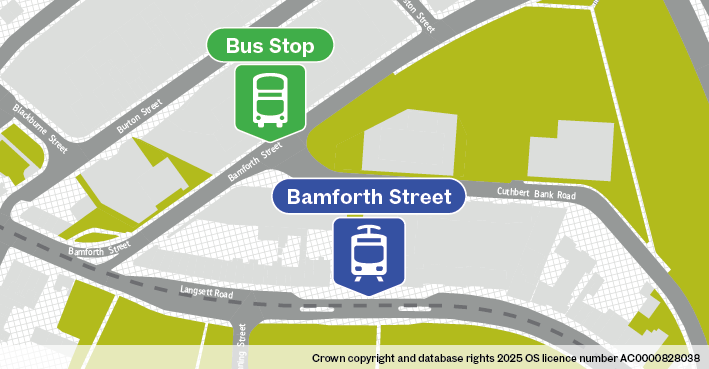 Map of replacement bus stop at Bamforth Street