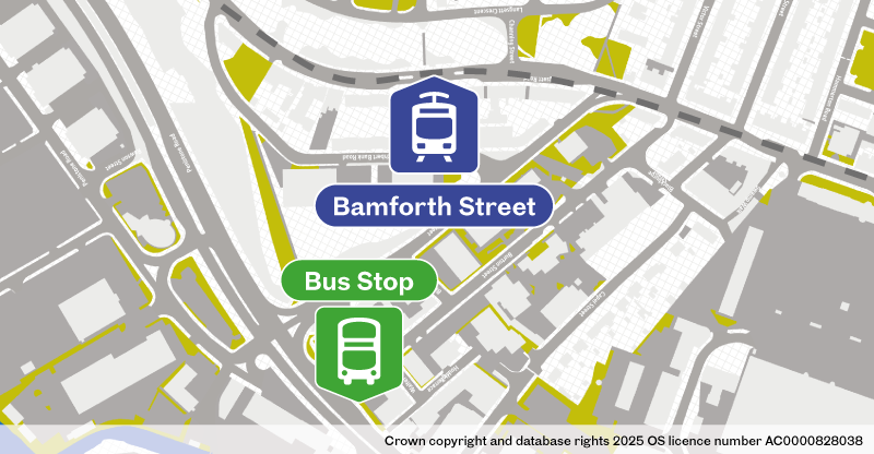 Map of replacement bus stop at Bamforth Street