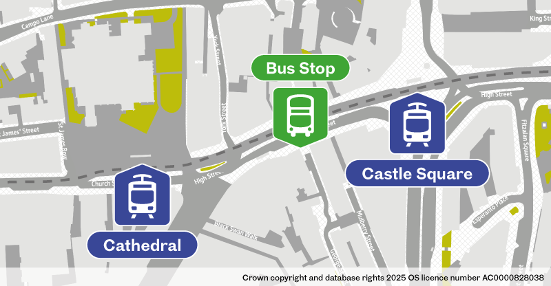 Map of replacement bus stop at Cathedral and Castle Square