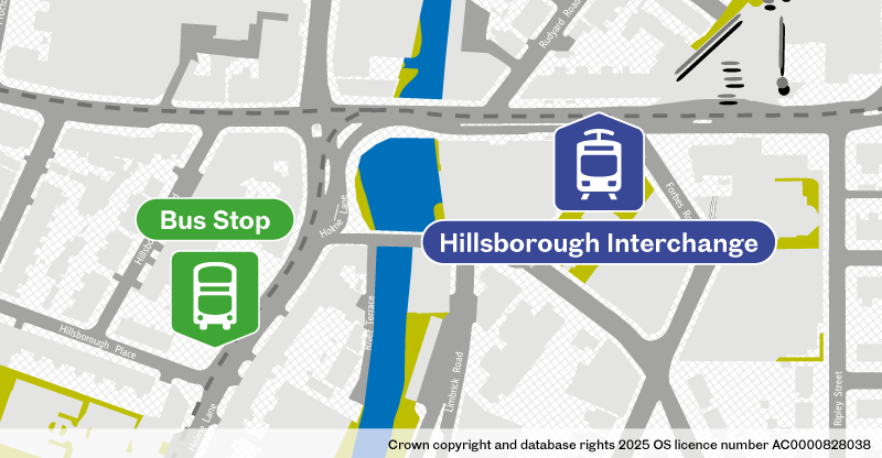 Map of replacement bus stop at Hillsborough