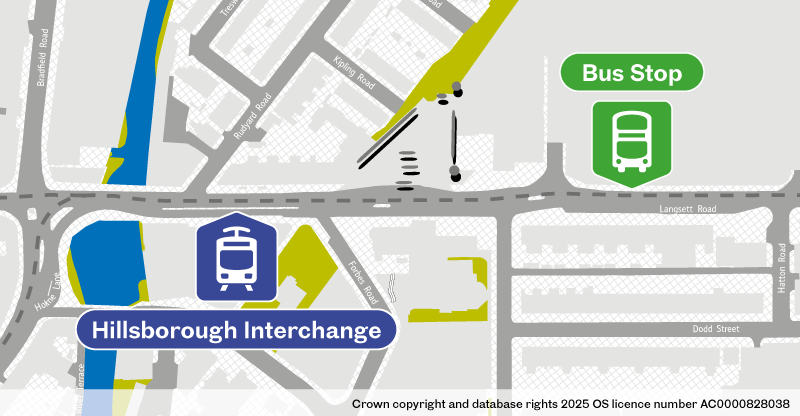 Map of replacement bus stop at Hillsborough