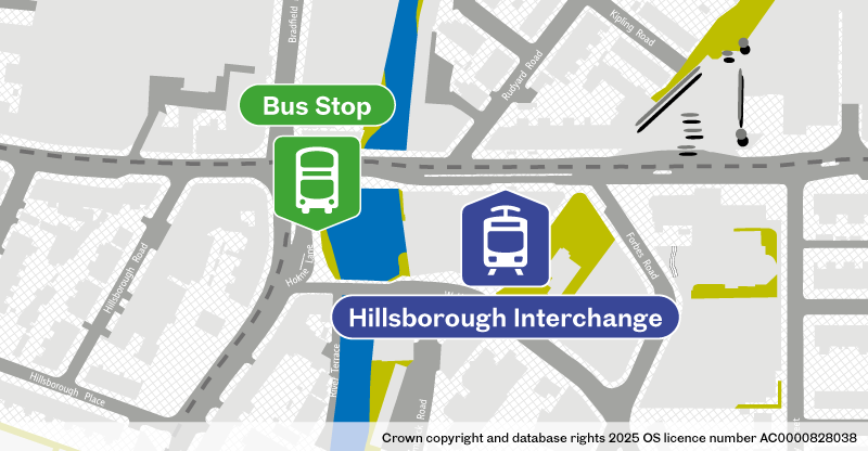 Map of replacement bus stop at Hillsborough