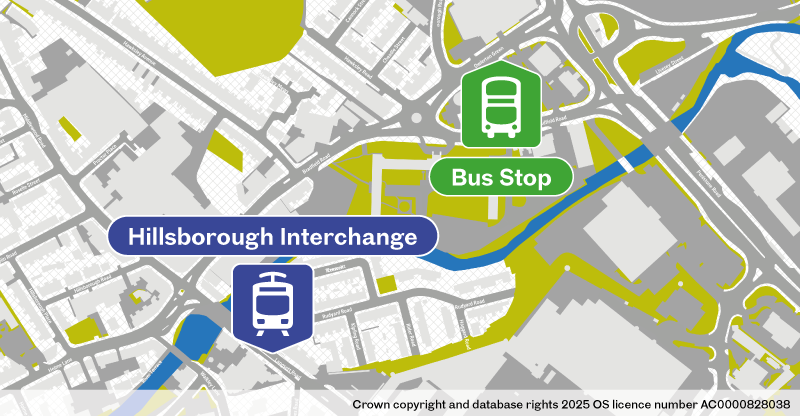 Map of replacement bus stop at Hillsborough