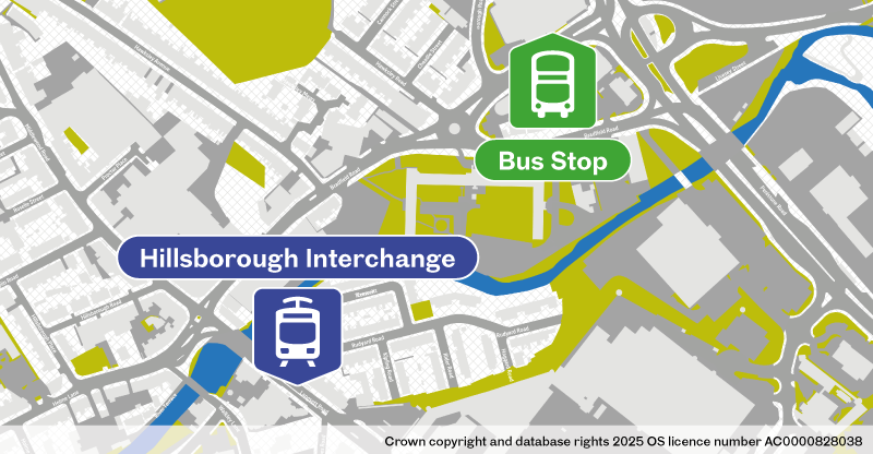 Map of replacement bus stop at Hillsborough