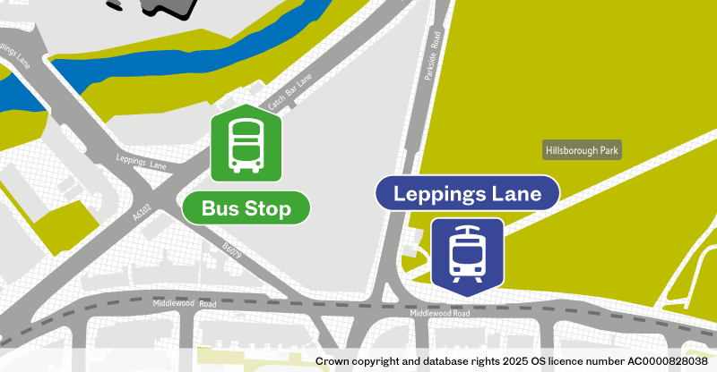 Map of replacement bus stop at Leppings Lane