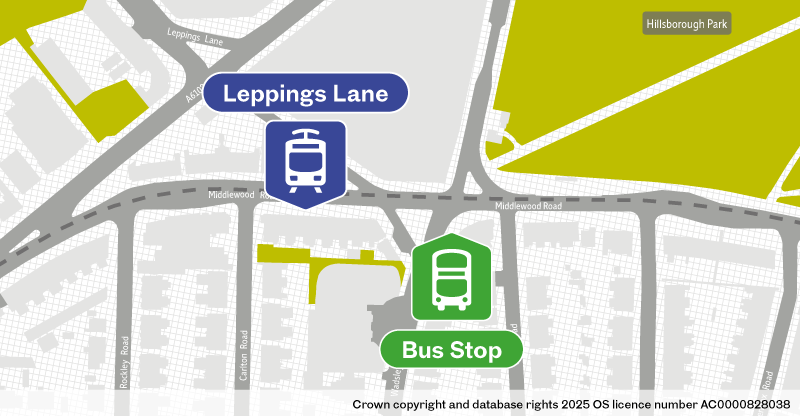 Map of replacement bus stop at Leppings Lane