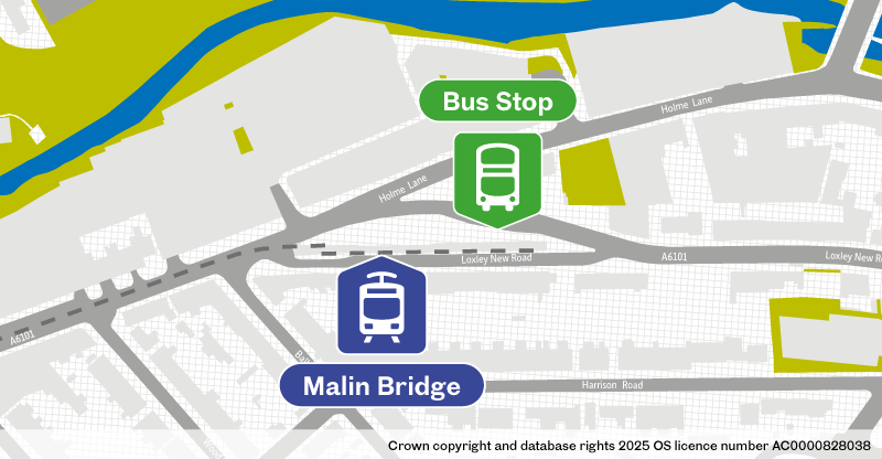 Map of replacement bus stop at Malin Bridge