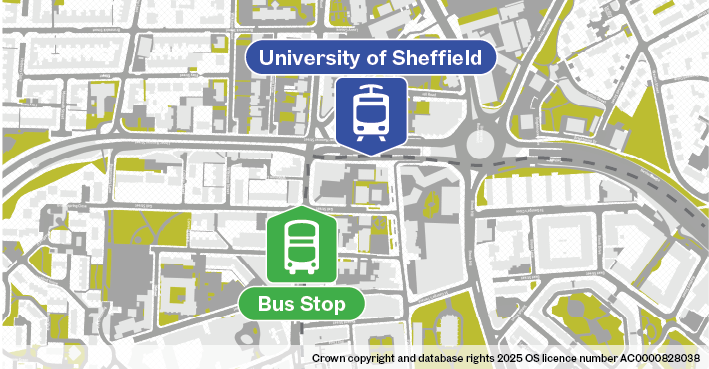 Map of replacement bus stop location at University of Sheffield