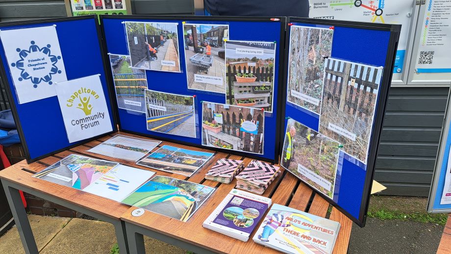 Table with photographs of mural creation