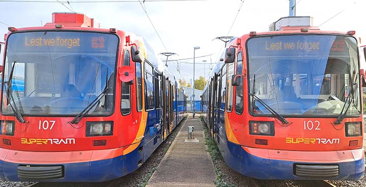 Supertram displaying 'Lest we forget'