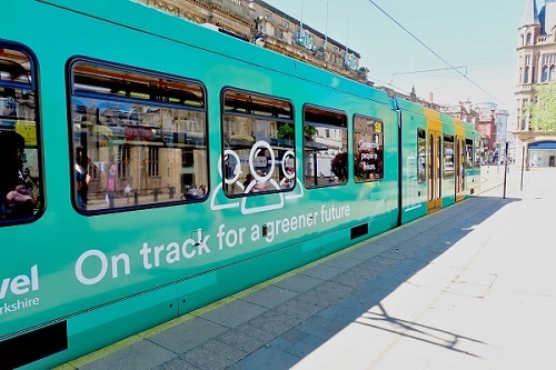 Green Tram sitting at Cathedral Tram Stop in Sheffield