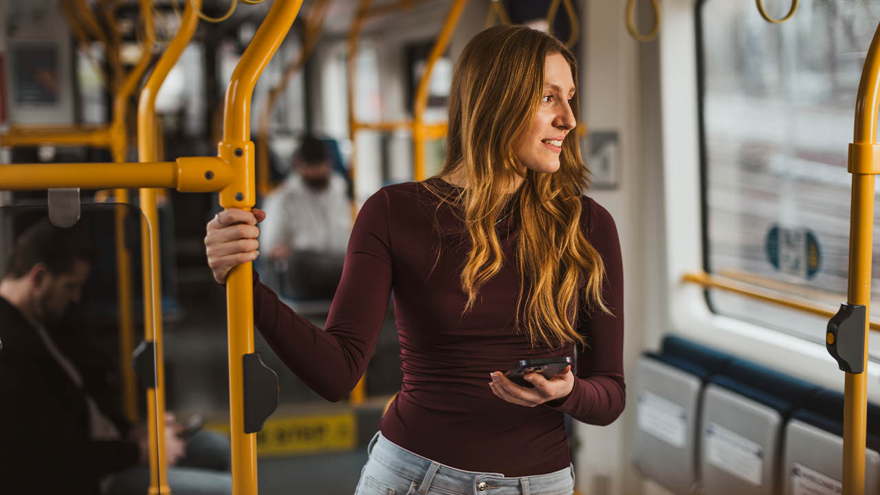 Passenger travelling safely on a tram