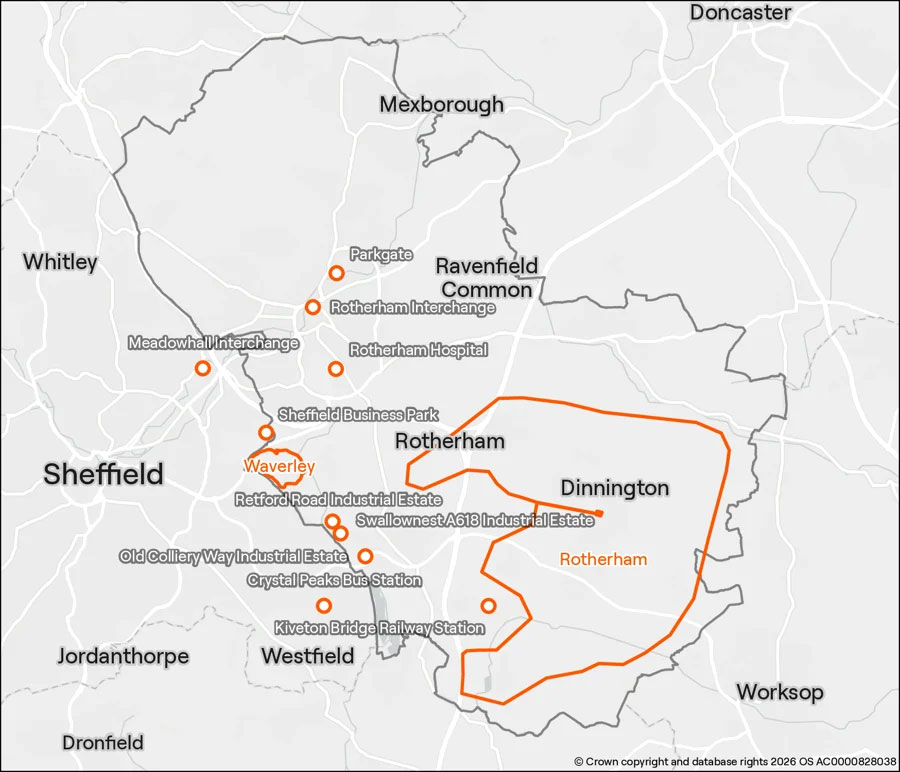 Map of the SYPN OnDemand zone in Rotherham, shaded orange, with key locations marked. The locations are listed above the map.
