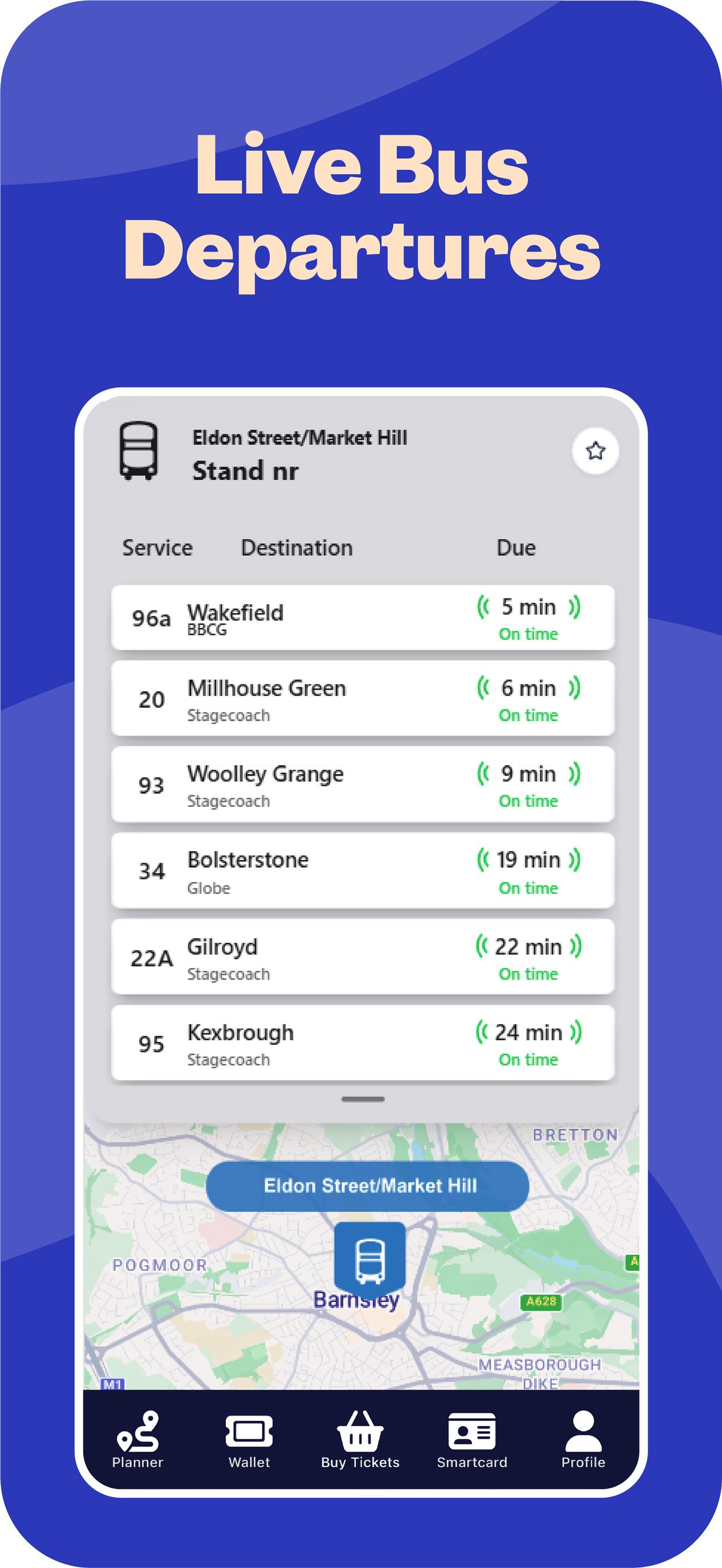 Screenshot of TSY app showing Live Bus Departures feature