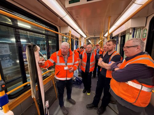 Supertram cleaning team doing a detailed review of the vehicle's condition