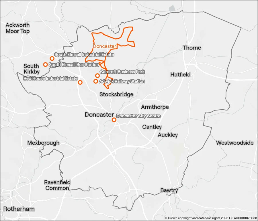 Map of the SYPN OnDemand zone in north Doncaster, shaded orange, with key locations marked. The locations are listed above the map.