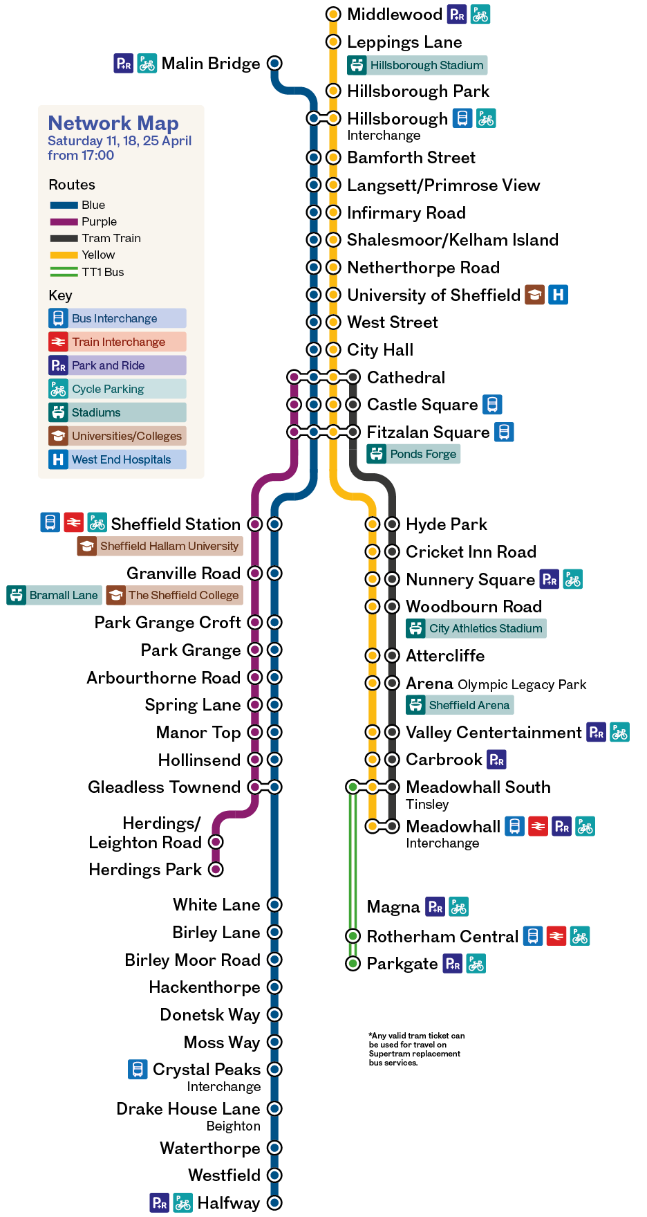 Supertram network map for Saturday 11, and 25 April from 17:00