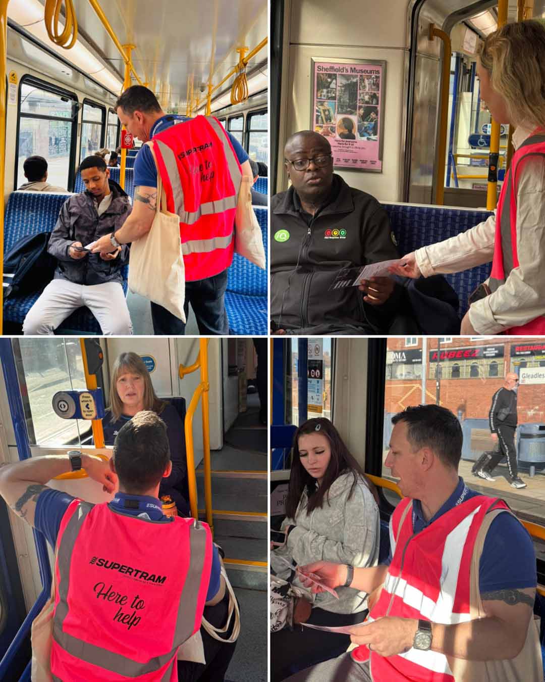 engagement staff talking and handing out a leaflet to passengers on Supertram