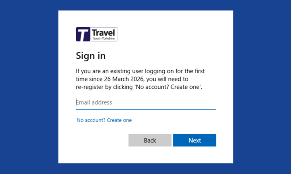 MyTSY sign-in screen showing the “No account? Create one” link to re-register.