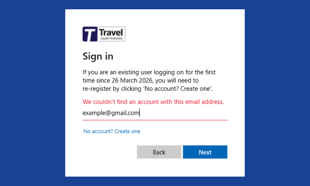 MyTSY sign-in screen showing an error message that no account was found for the email address entered.