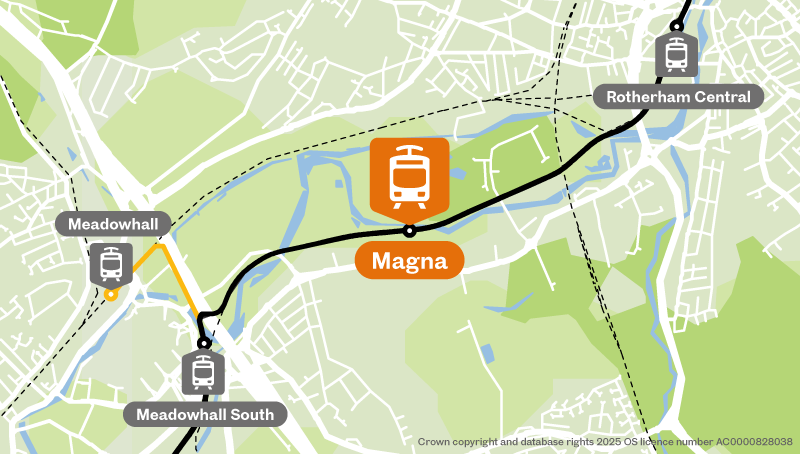 Supertram network map showing the Magna stop location on the route between Rotherham Central and Meadowhall South, with Meadowhall nearby