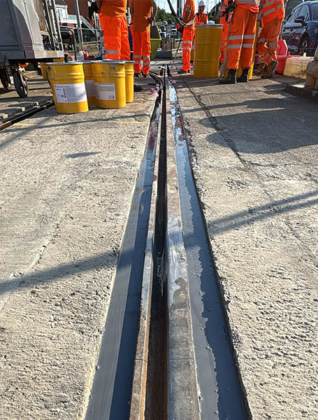 Tram track with sika pour