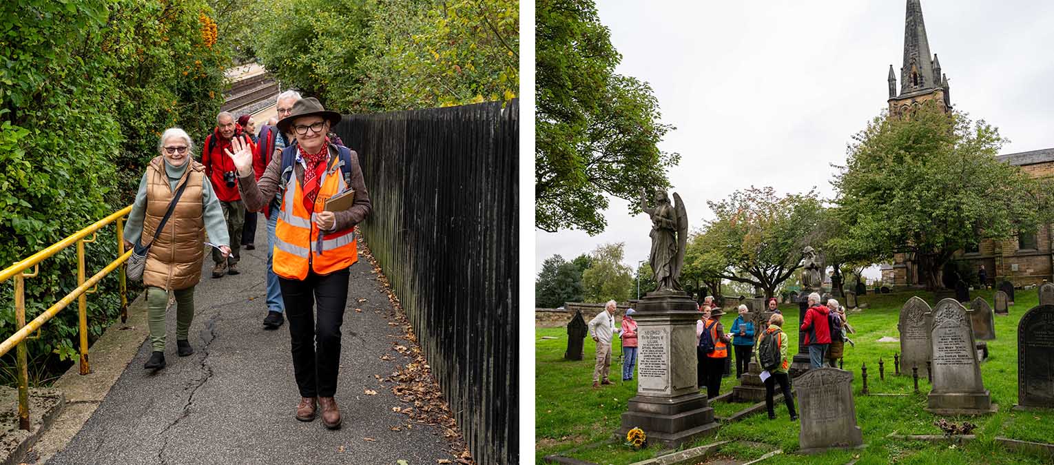 Tegwen Roberts leading a groups of walkers and stopped at the graveyard to tell story