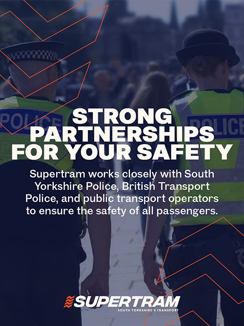 Supertram safety graphic showing partnership with police and transport operators to protect passengers.